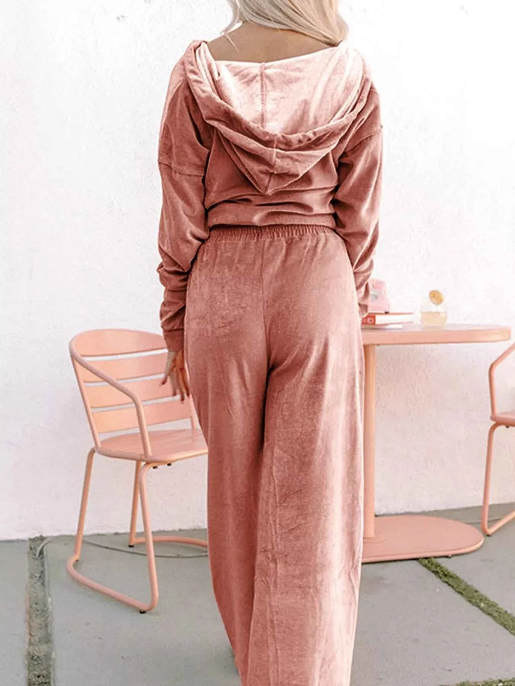 Zip Up Dropped Shoulder Hooded Top and Pants Set - Velvet Stardust Co.