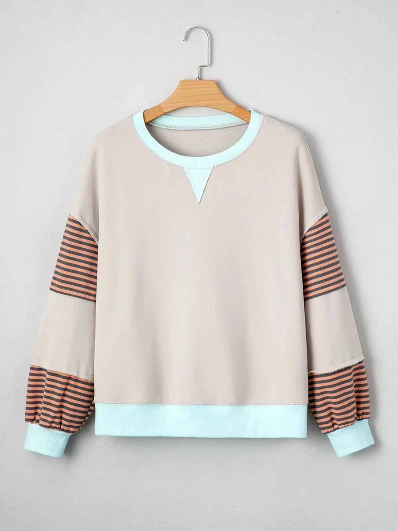 Striped Colorblock Patchwork Drop Shoulder Sweatshirt – Boho Oversized Pullover