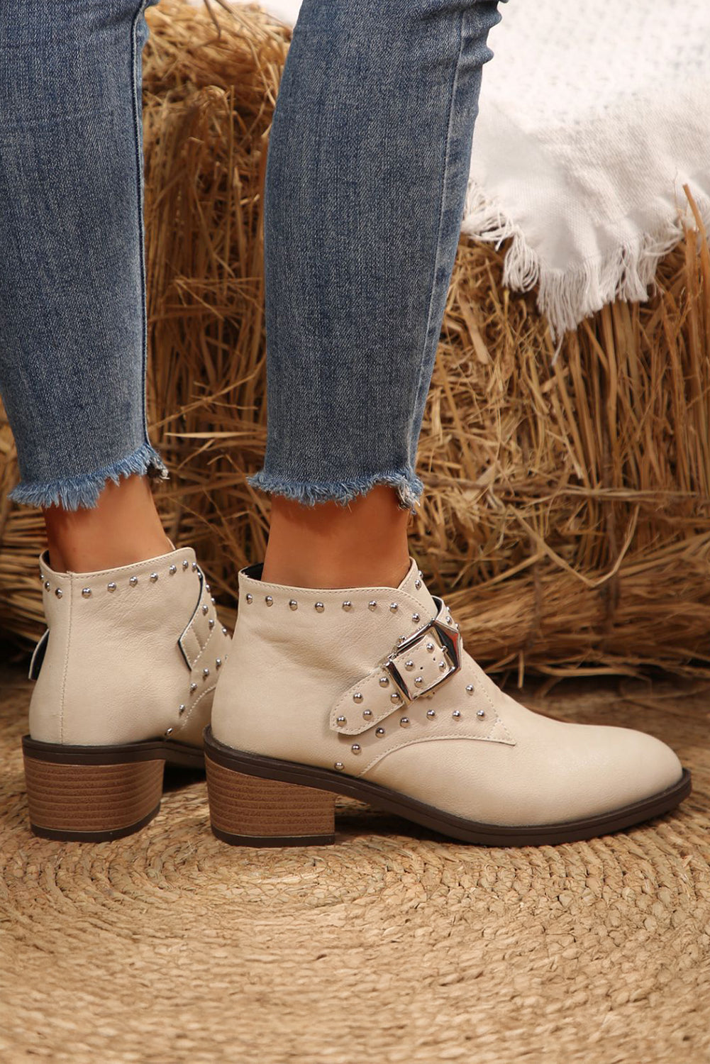 White Faux Leather Studded Pointed Toe Block Heel Ankle Boots - Velvet Stardust Co.