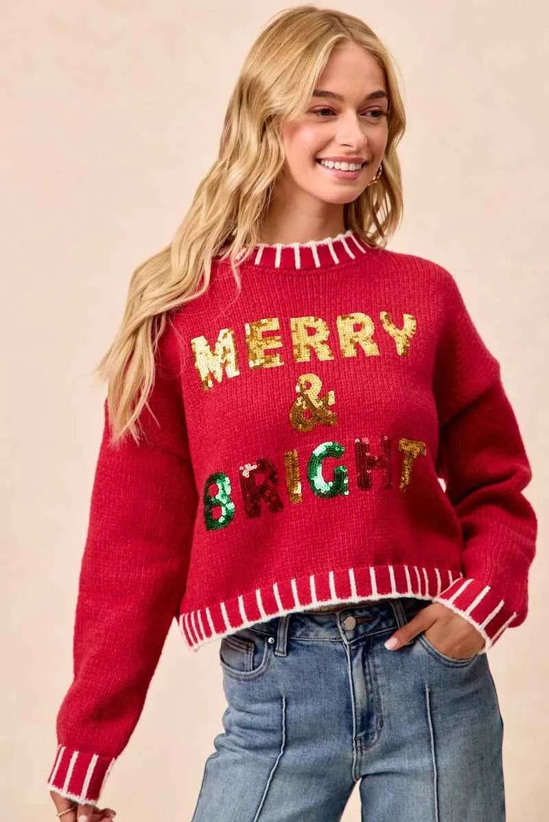 BiBi Christmas Theme Sequin Lattering Sweater