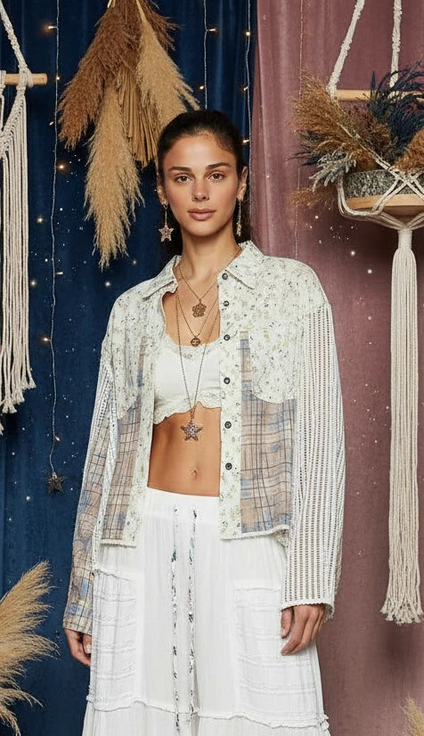 POL Floral Slit Back Plaid Patchwork Shirt - Velvet Stardust Co. - Velvet Stardust Co.