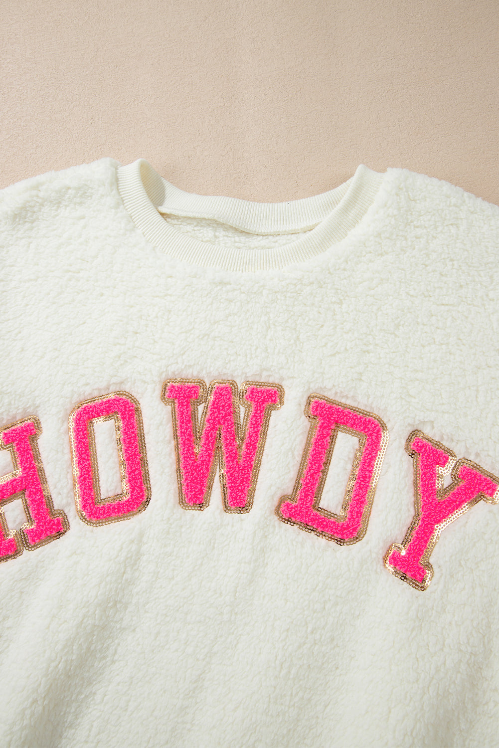 Beige Sherpa HOWDY Patched Pullover Sweatshirt - Velvet Stardust Co.