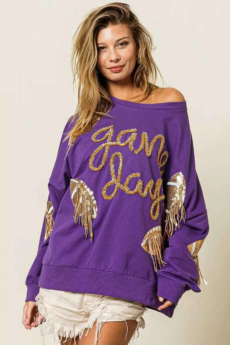 BiBi Sequin Football Patches Game Day Sweatshirt - Velvet Stardust Co.