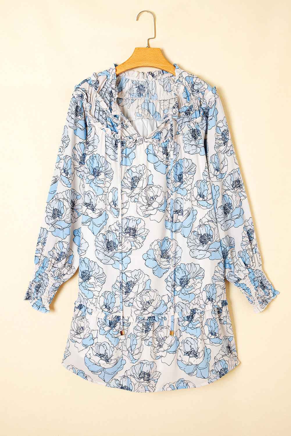 Sky Blue Floral Print Tie Neck Long Sleeve Flowy Mini Dress - Velvet Stardust Co.