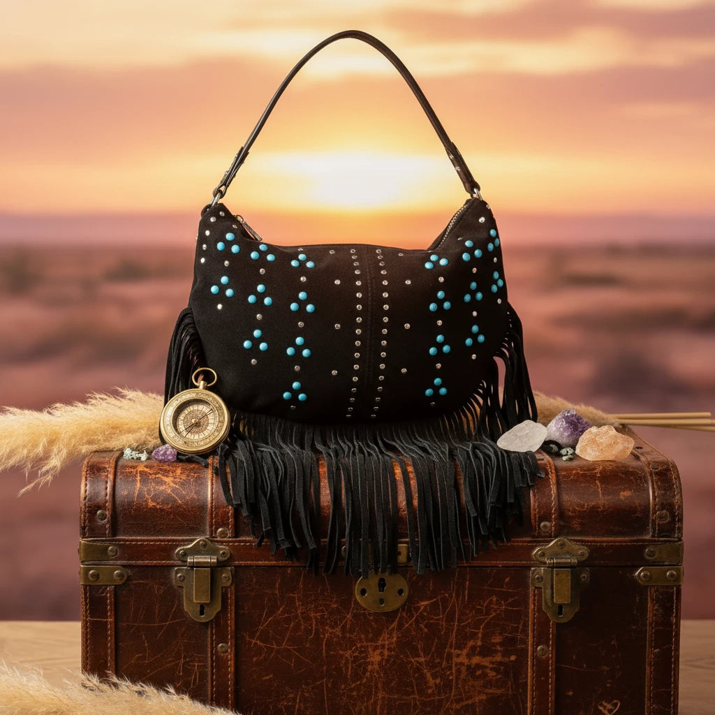 Fame Studded Pattern Multi Fringe Hobo Shoulder Bag - Velvet Stardust Co.