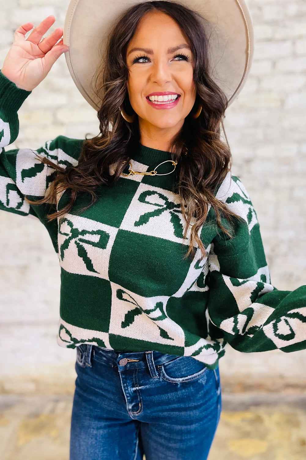 Blackish Green Bow Christmas Print Checkered Knit Sweater - Velvet Stardust Co.