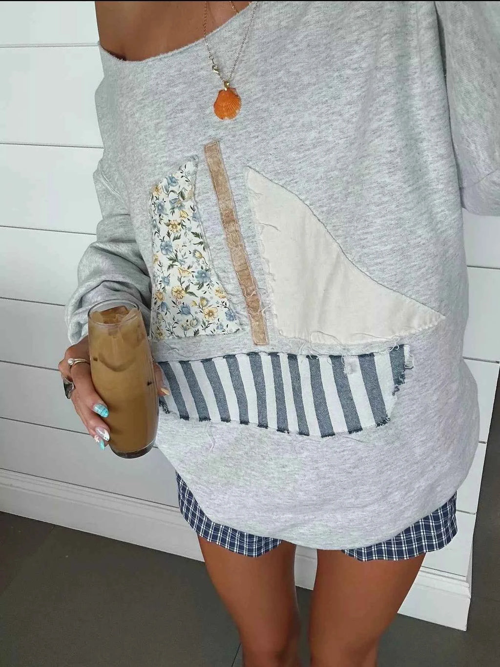 Boat Neck Long Sleeve Patchwork Sweatshirt - Velvet Stardust Co.