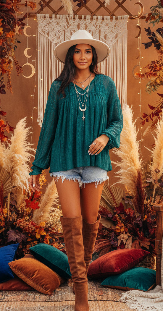 Evergreen Sheer Lace Balloon Sleeve Babydoll Blouse