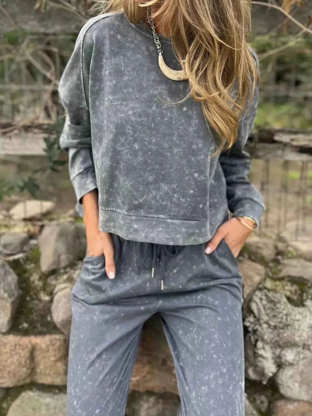 Full Size Washed Round Neck Top and Drawstring Pants Set Plus Size - Velvet Stardust Co.