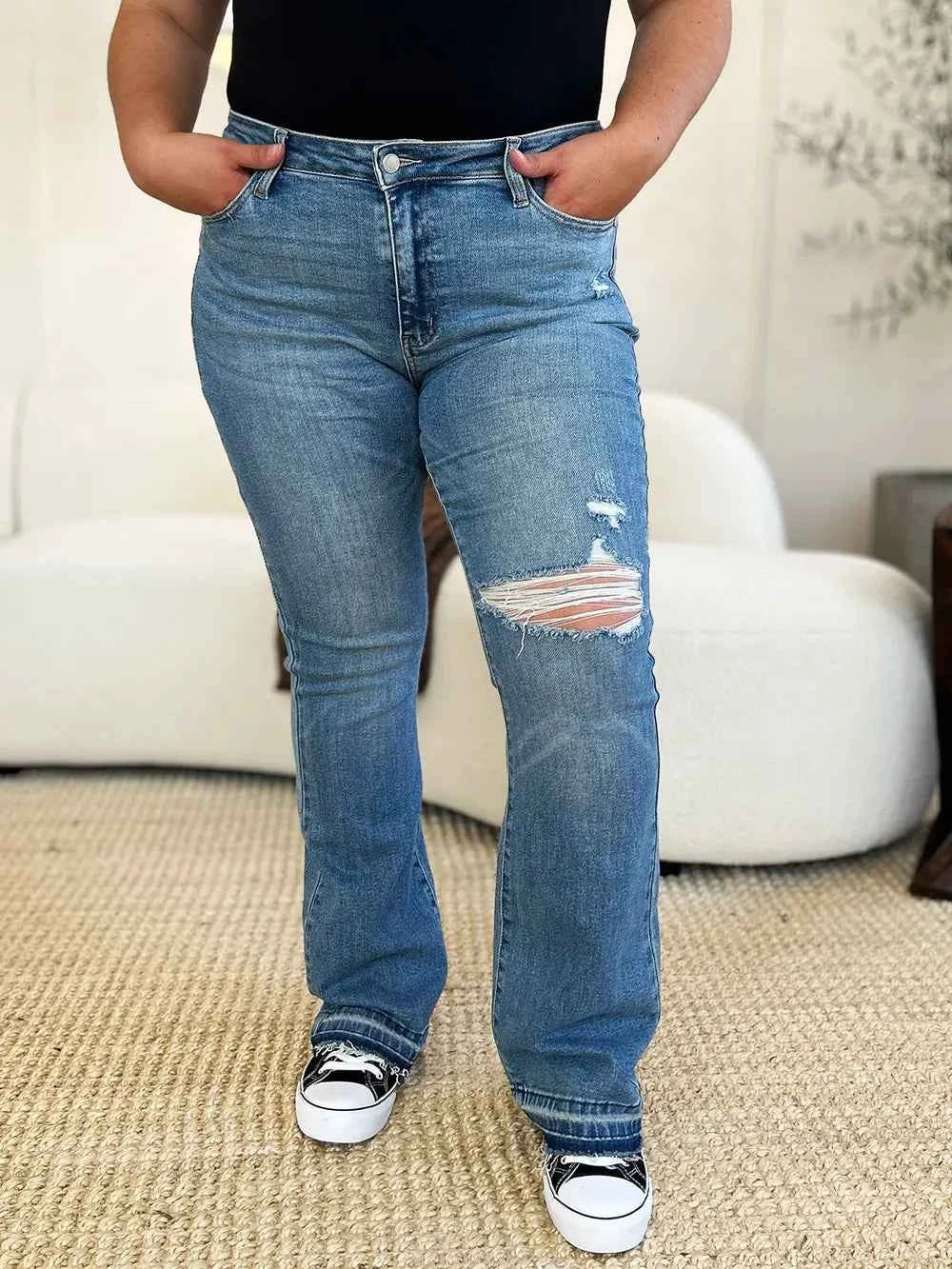 Judy Blue Full Size Mid Rise Destroyed Hem Distressed Jeans - Velvet Stardust Co.