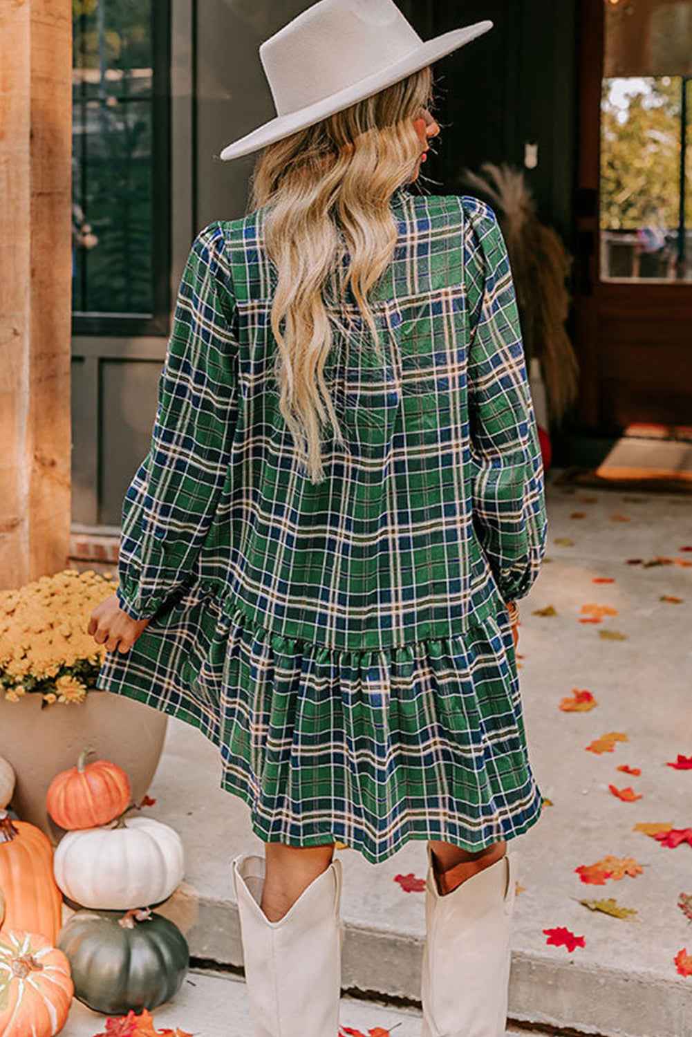 Green Plaid Print Frill Neck Long Sleeve Mini Dress - Velvet Stardust Co.