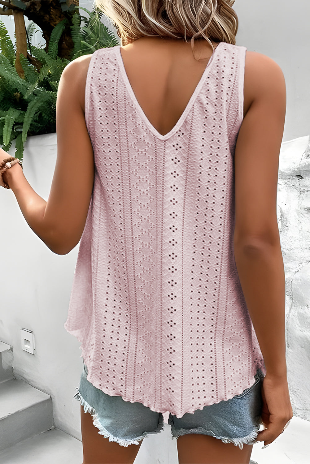 Apricot Pink Lace Crochet Splicing V Neck Loose Fit Tank Top - Velvet Stardust Co.