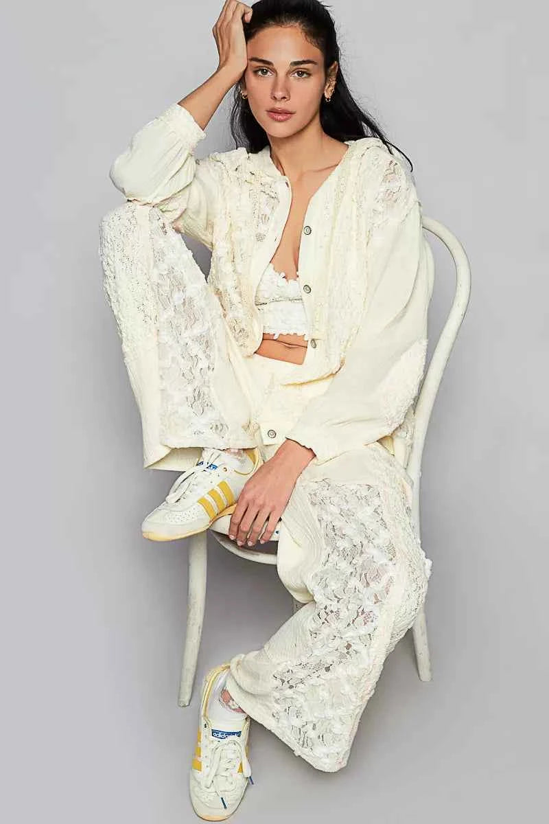 POL Exposed Seam Button Down Hooded Jacket with Lace Detail - Velvet Stardust Co.