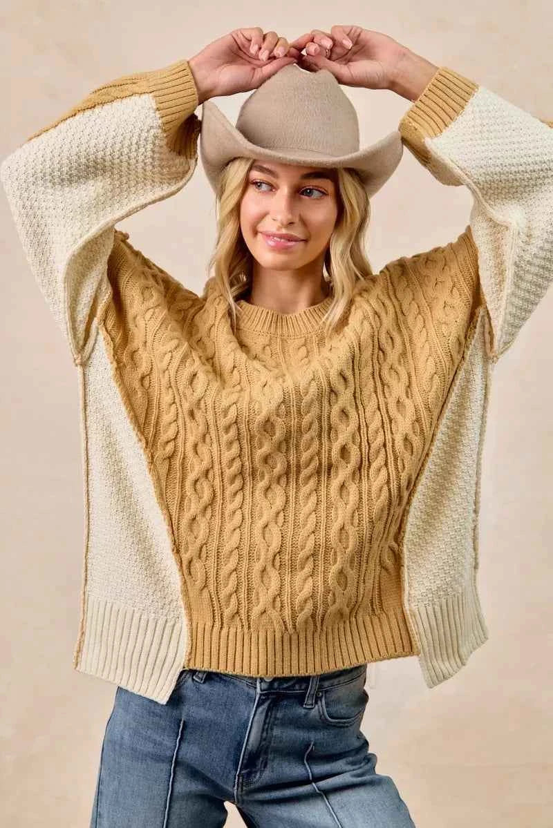BiBi Cable Knit With Hacci Combo Sweater With Uneven Hem Detail - Velvet Stardust Co.