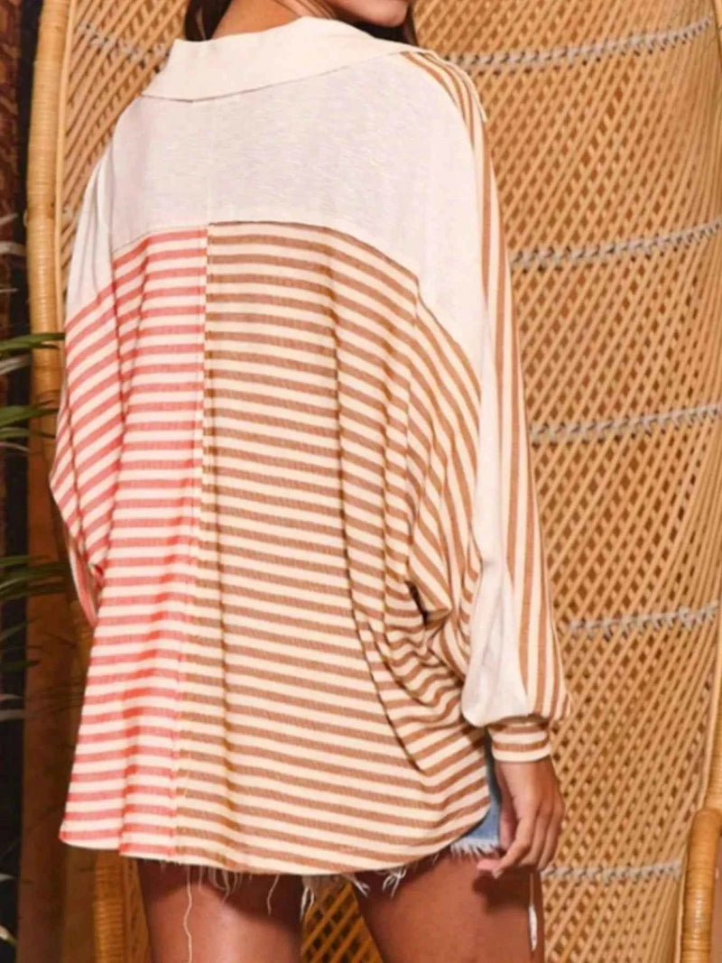 Striped Oversized Half Button Sweatshirt