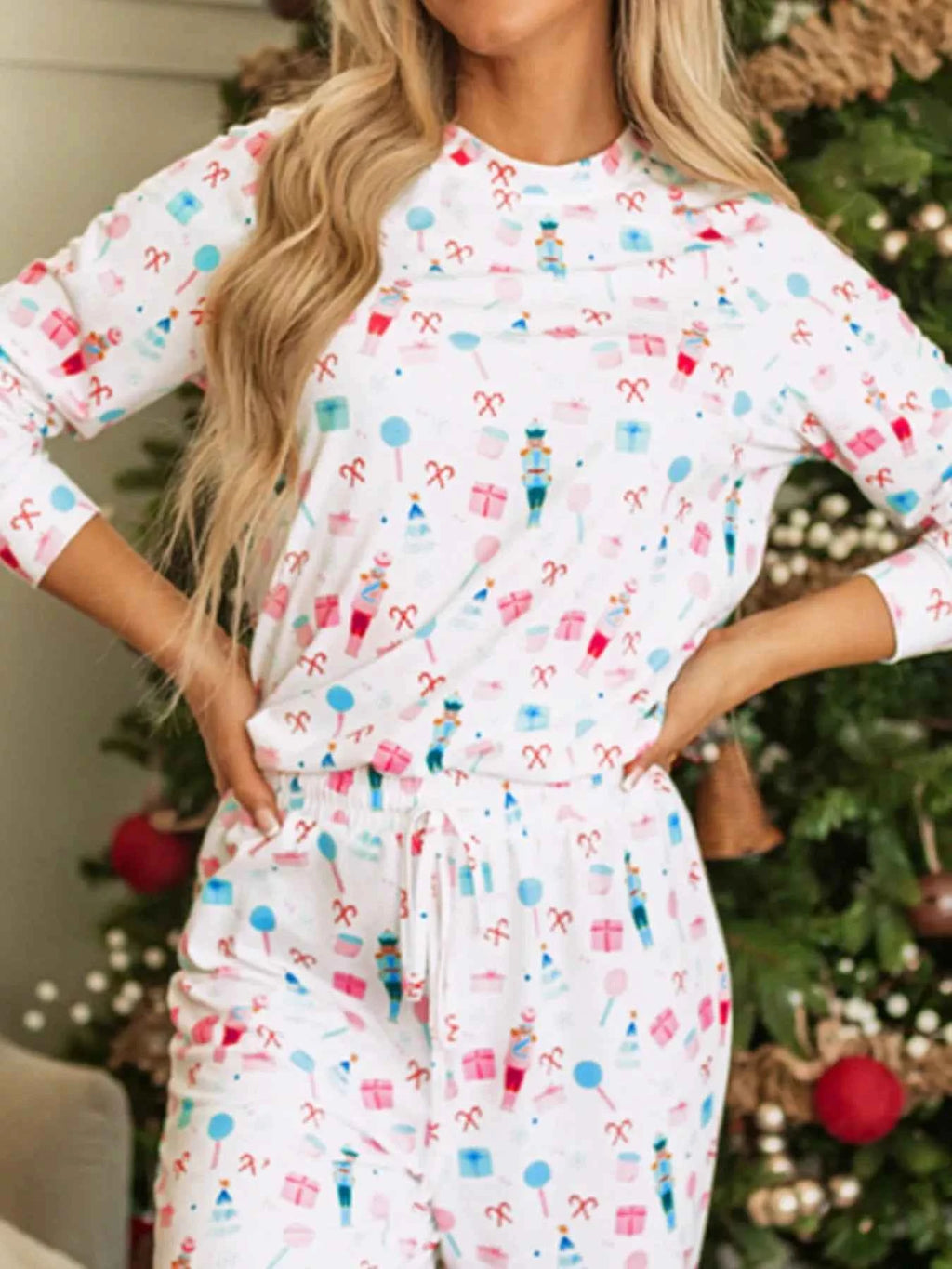 Christmas Pattern Long Sleeve Top and Wide Leg Pants Set