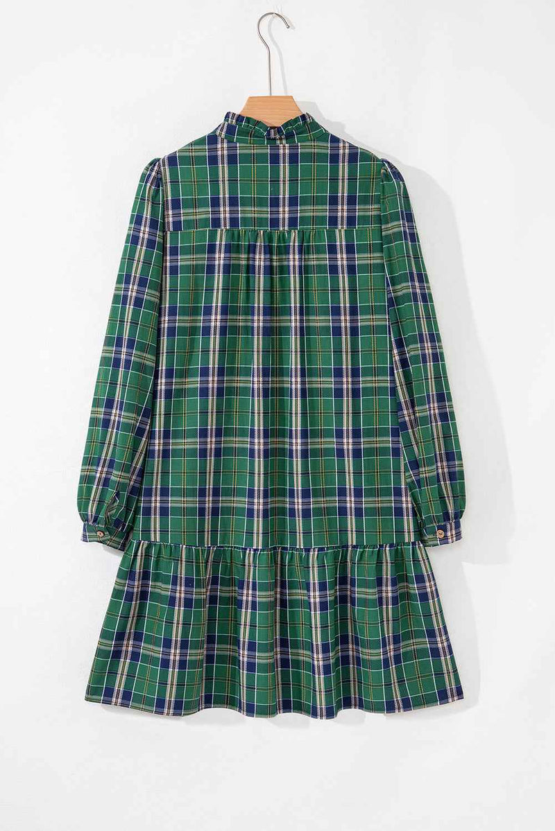 Green Plaid Print Frill Neck Long Sleeve Mini Dress