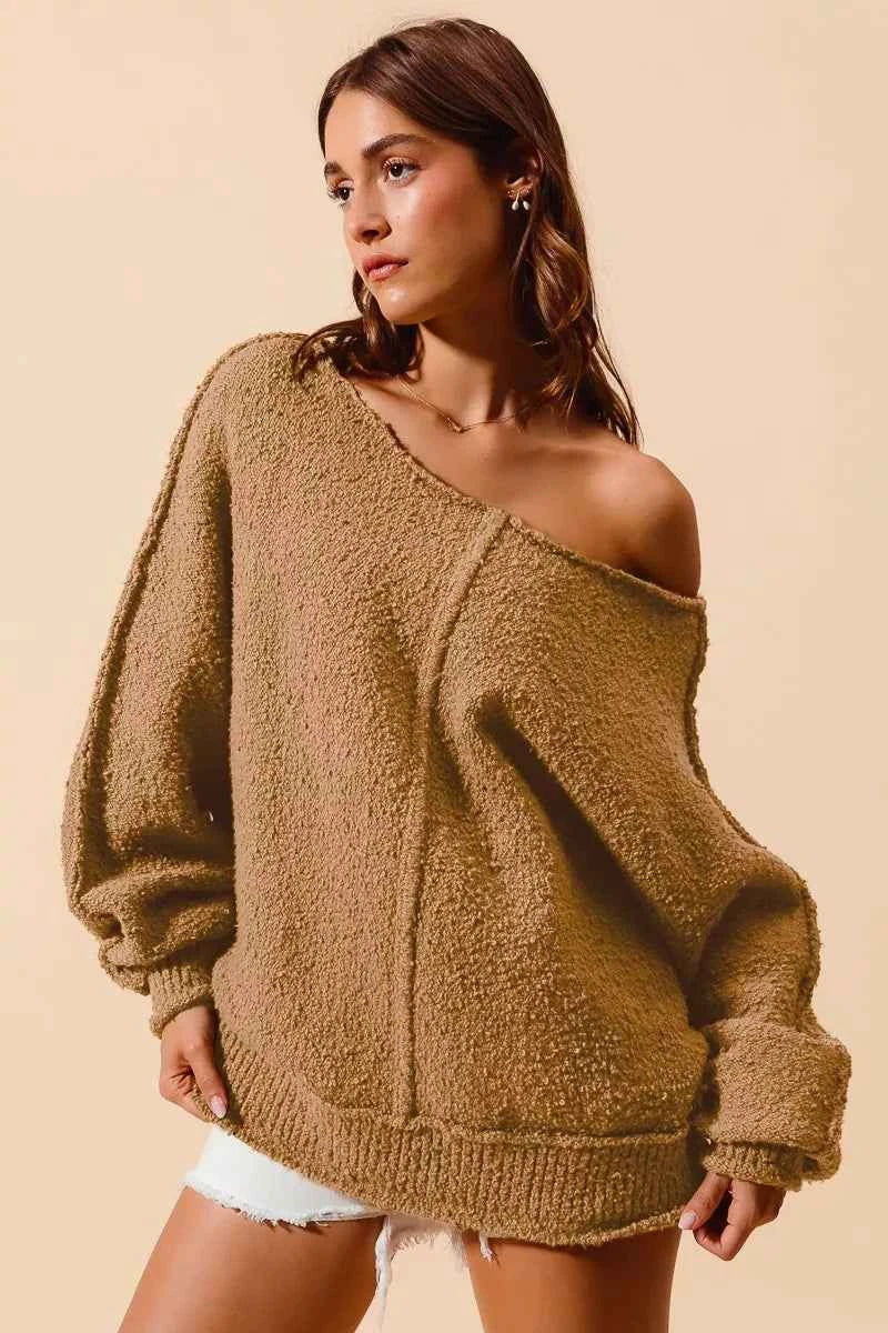SO ME Loose Fit Exposed Seam Slouchy Boucle Sweater