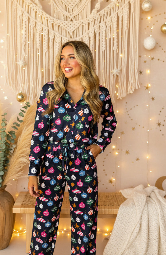 Navy Blue Colorful Christmas Lights Print Shirt and Pants Pajama Set - Velvet Stardust Co.