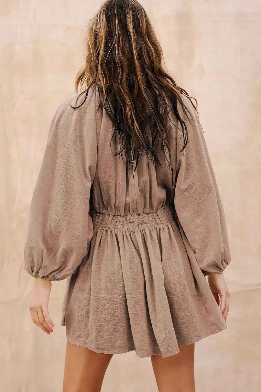 Smocked V-Neck Balloon Sleeve Dress - Velvet Stardust Co.