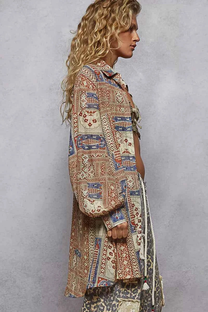 POL Printed Button Down Balloon Sleeve Shirt - Velvet Stardust Co.