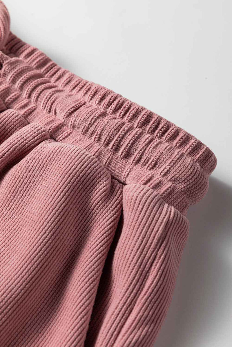 Fushia Textured Knit Drop Shoulder Pullover Drawstring Shorts Set