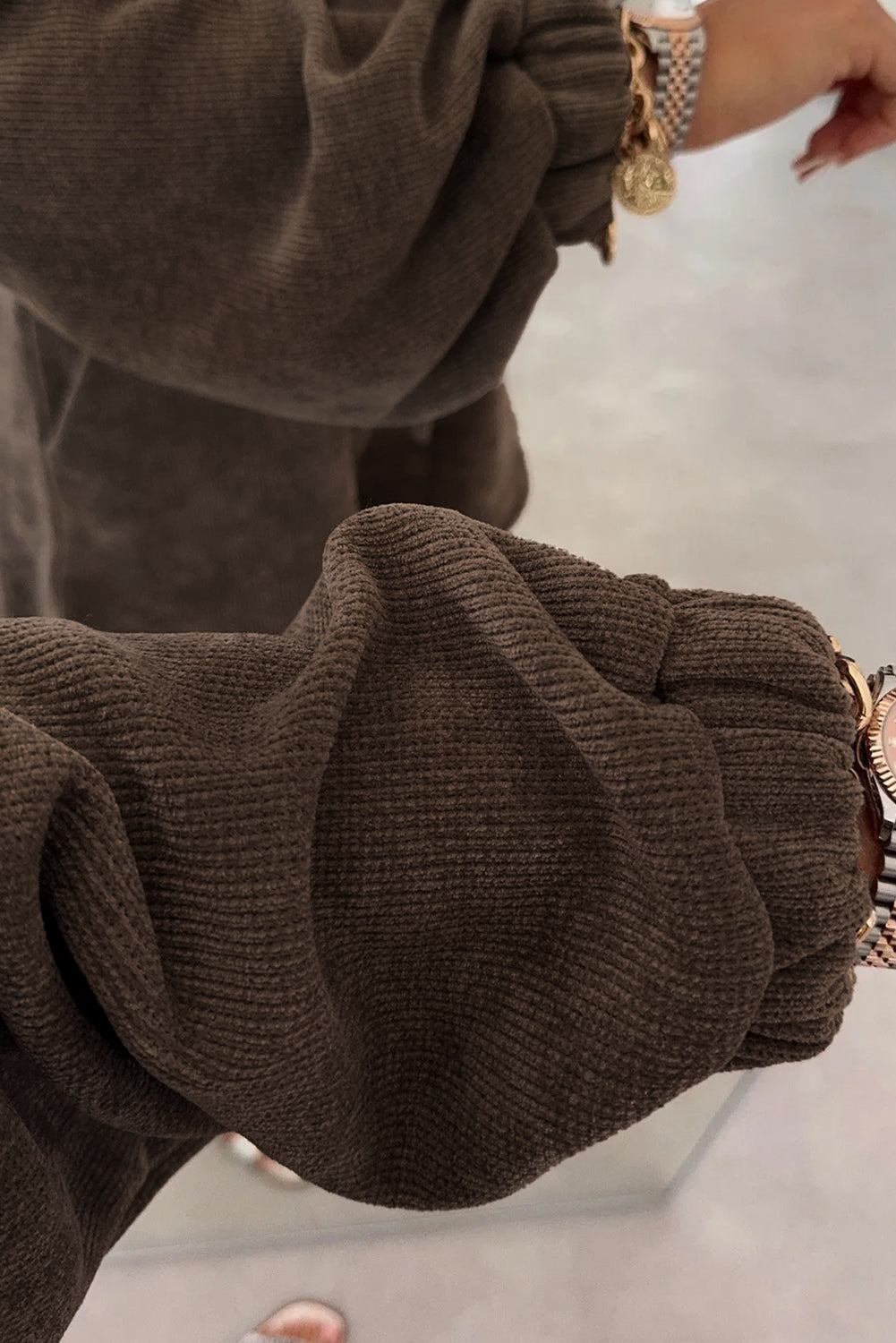 Dark Brown Textured Knit Drop Shoulder Pullover Drawstring Shorts Set- Velvet Stardust Co. - Velvet Stardust Co.