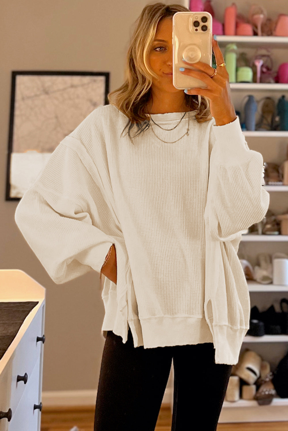 White Waffle knit Bishop Sleeve Split Oversized Top - Velvet Stardust Co.