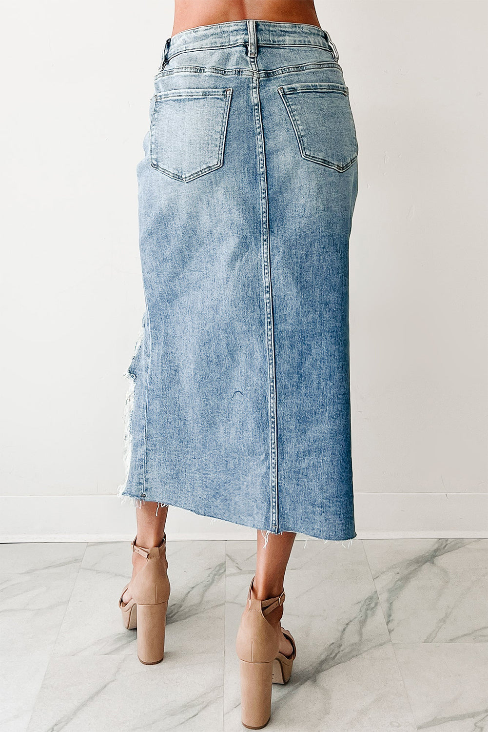 Myosotis Irregular Distressed Hem Denim Midi Skirt - Velvet Stardust Co.