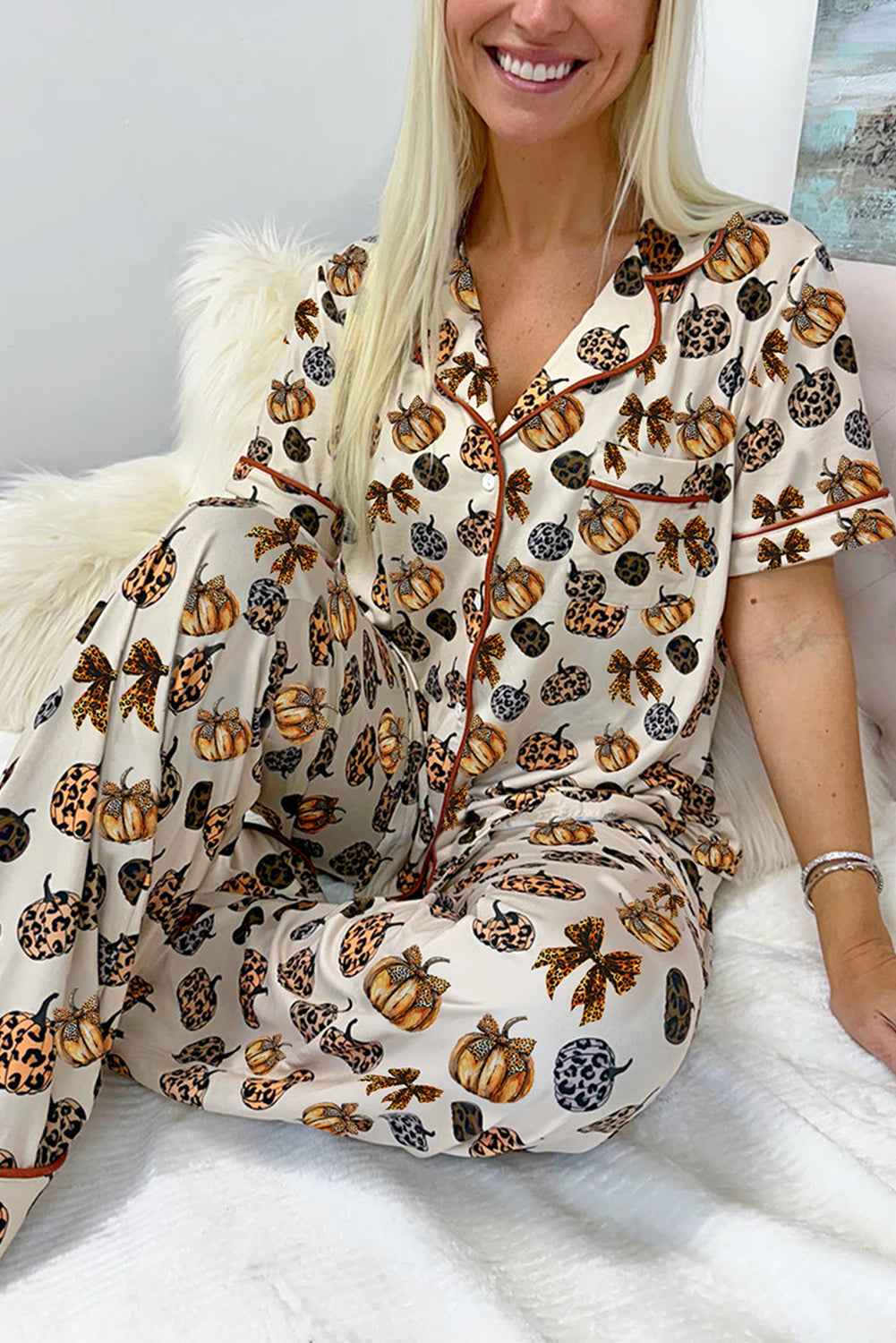 Beige Leopard Pumpkin Allover Print Pajama Set - Velvet Stardust Co.