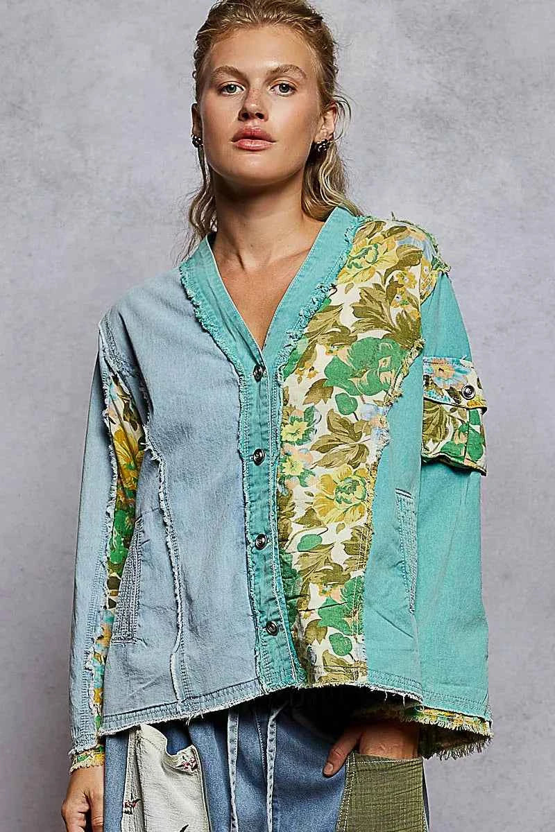 POL Button Down Floral V-Neck Long Sleeve Raw Hem Top