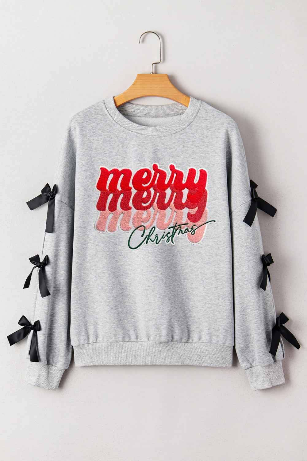 Merry Merry Christmas Terry Flocked Ribbon Sleeve Sweatshirt – Velvet Stardust Co. - Velvet Stardust Co.