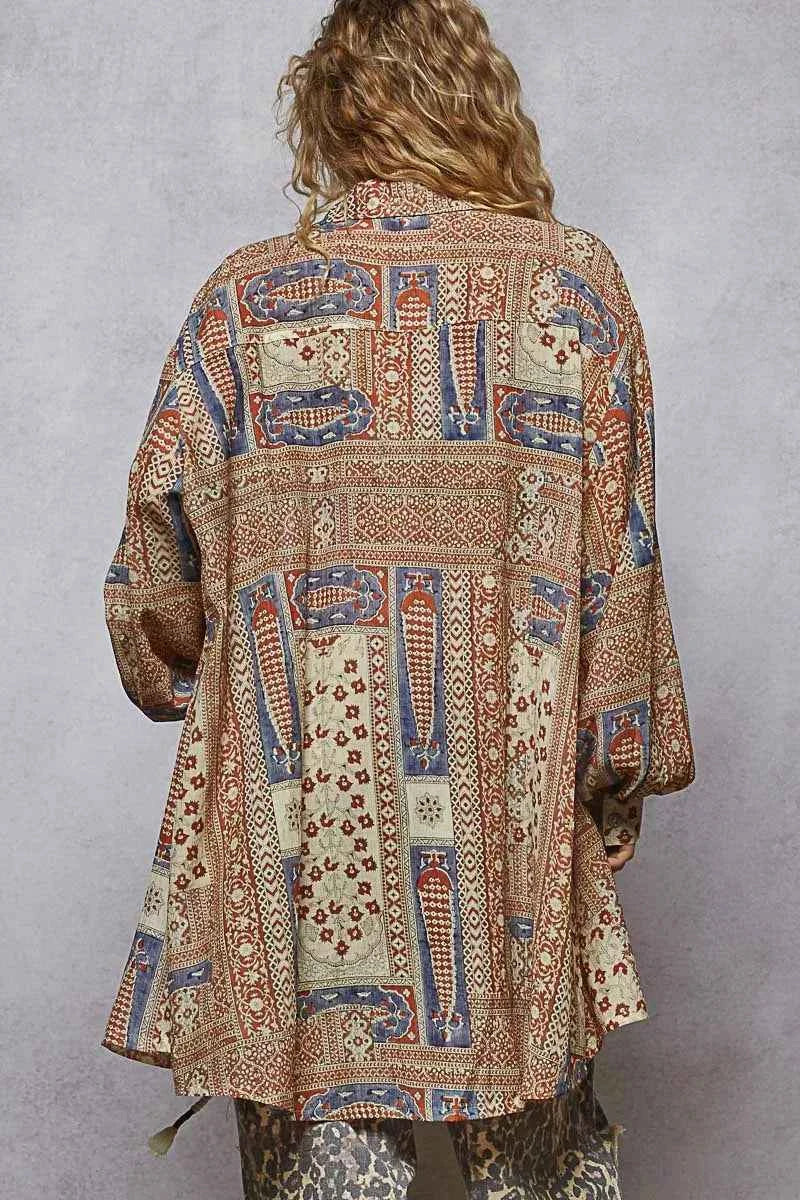 POL Printed Button Down Balloon Sleeve Shirt - Velvet Stardust Co.