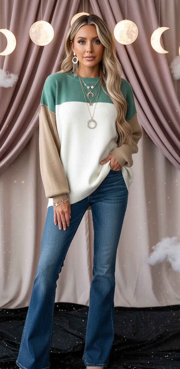 Green Colorblock Ribbed Knit Baggy Sweater - Velvet Stardust Co.