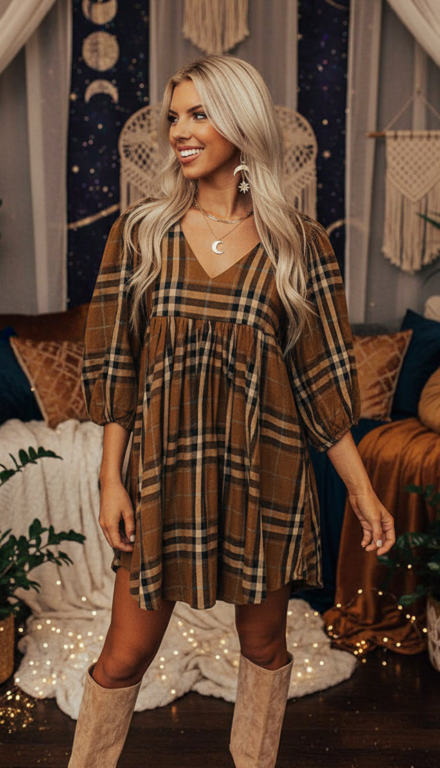 Brown Plaid Pattern Empire Waist Babydoll Dress - Velvet Stardust Co.
