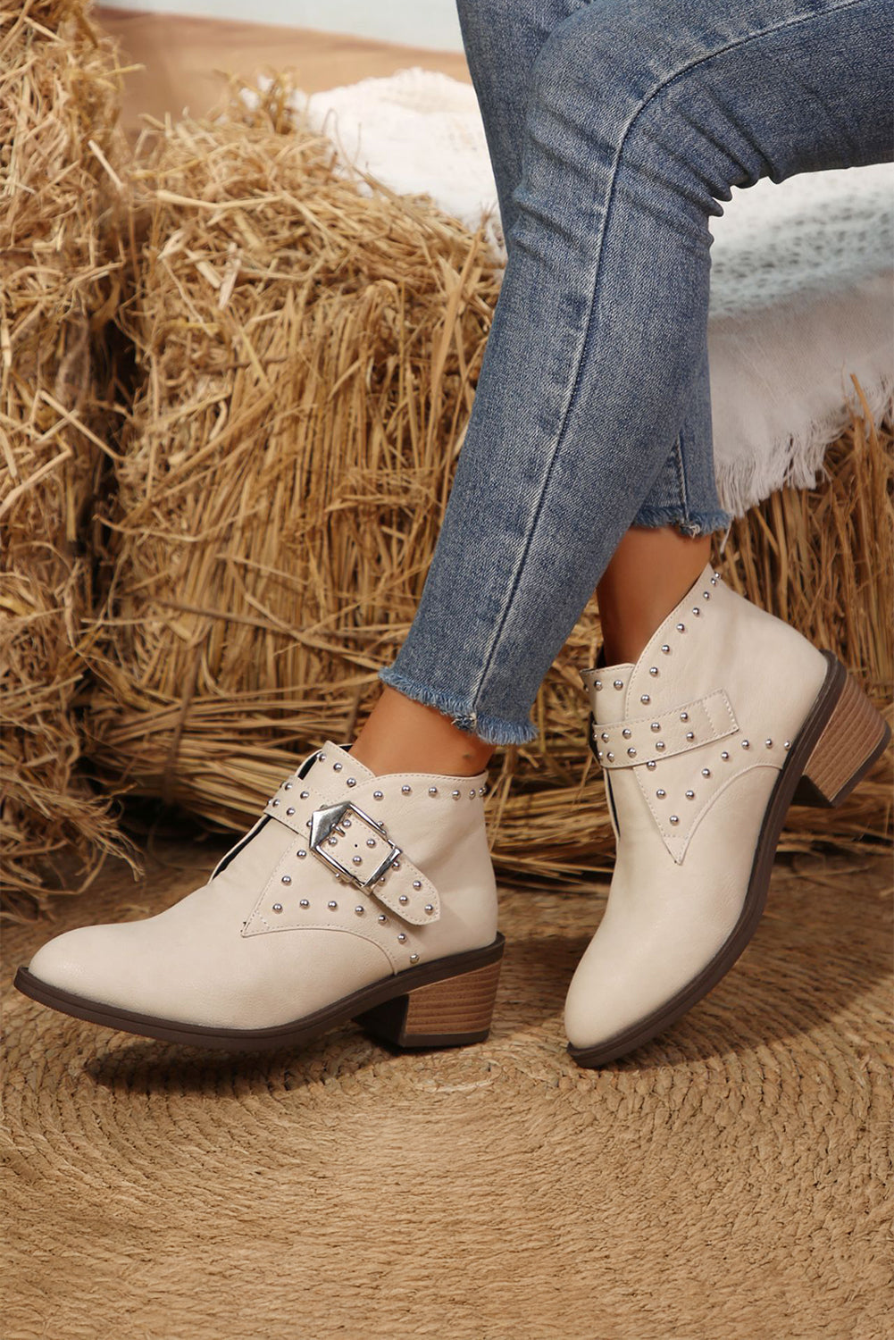 White Faux Leather Studded Pointed Toe Block Heel Ankle Boots - Velvet Stardust Co.