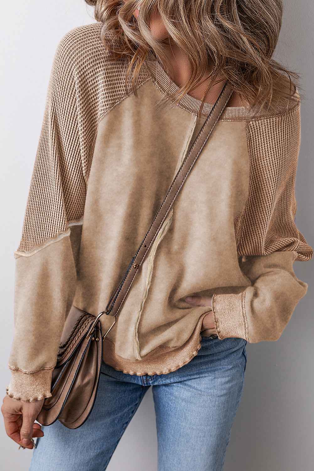 Light French Beige Patchwork Raglan Sleeve Exposed Seam Sweatshirt - Velvet Stardust Co.