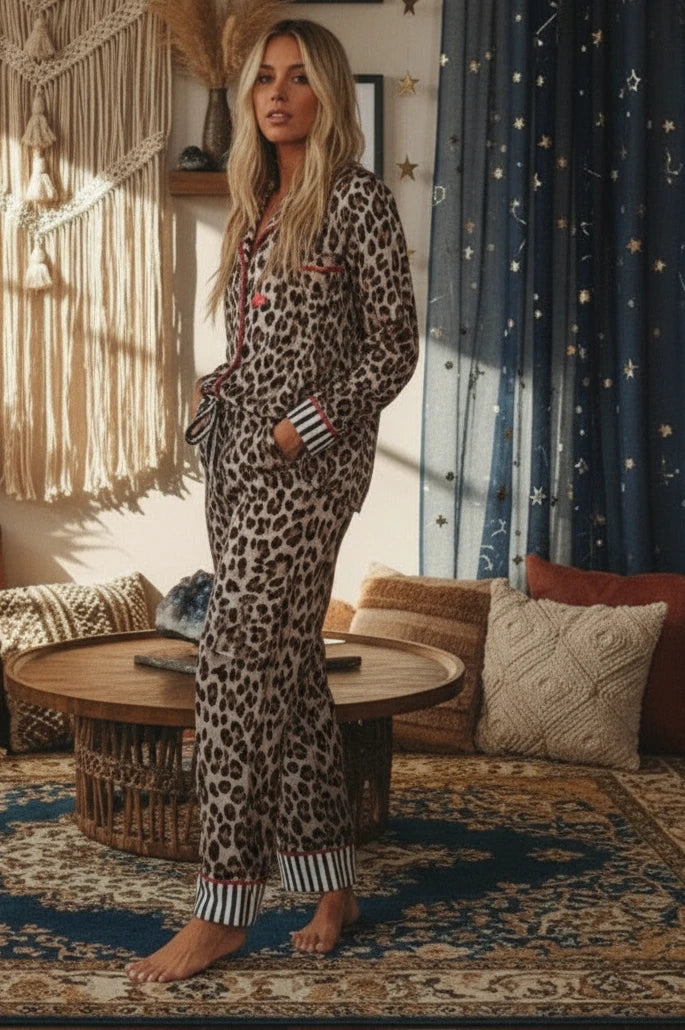 Leopard and Striped Trim Shirt and Pants Set