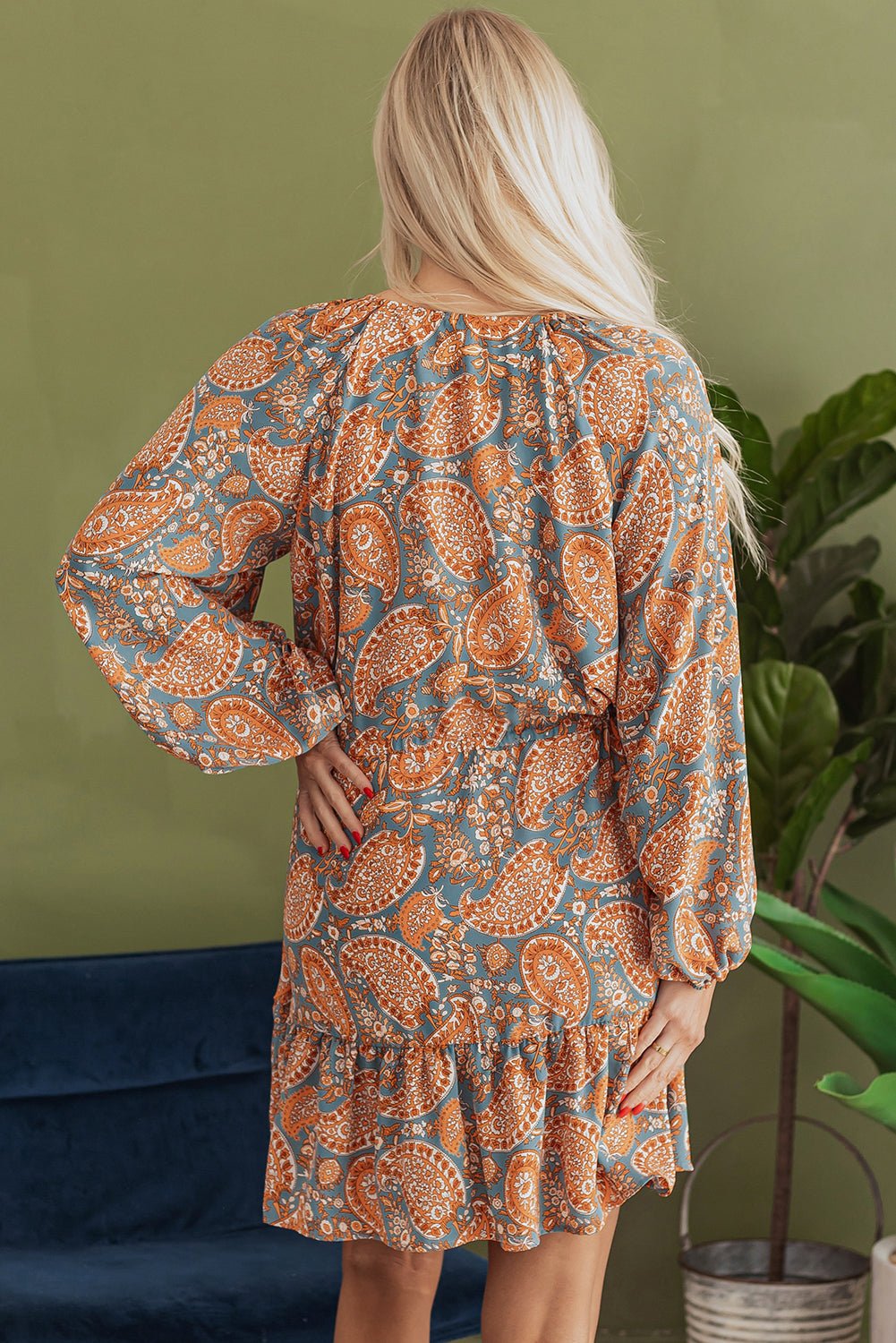 Orange Paisley Print Loose Fit Drawstring High Waist Mini Dress - Velvet Stardust Co.