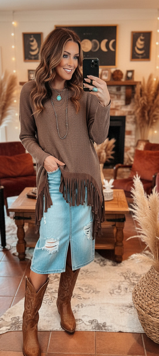 Coffee Waffle Knit Fringed High Low Loose Top - Velvet Stardust Co.