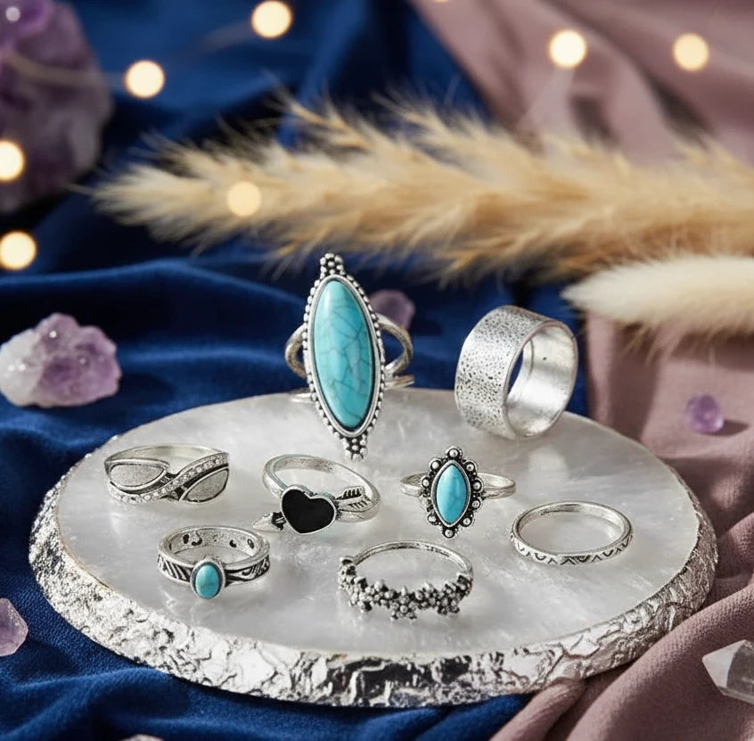 Turquoise Alloy 8-Piece Ring Set - Velvet Stardust Co.