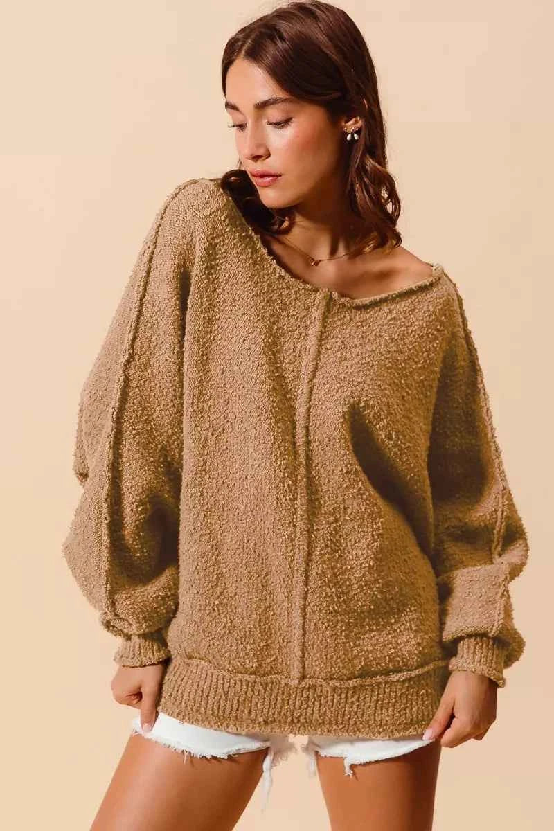 SO ME Loose Fit Exposed Seam Slouchy Boucle Sweater