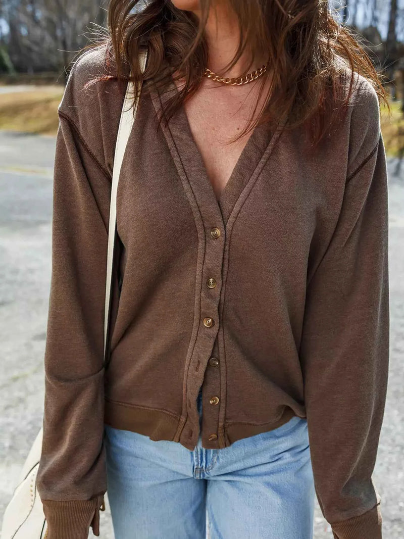 Button Front V-Neck Casual Cardigan – Cozy Boho Knit Layer for Fall
