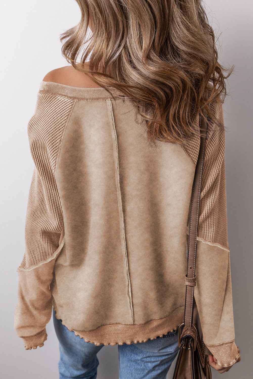 Light French Beige Patchwork Raglan Sleeve Exposed Seam Sweatshirt - Velvet Stardust Co.