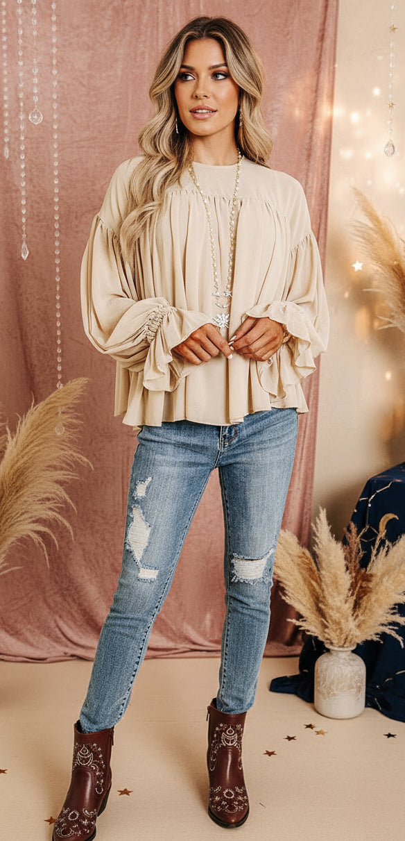 Parchment Pleated Ruffle Long Sleeve Chiffon Blouse