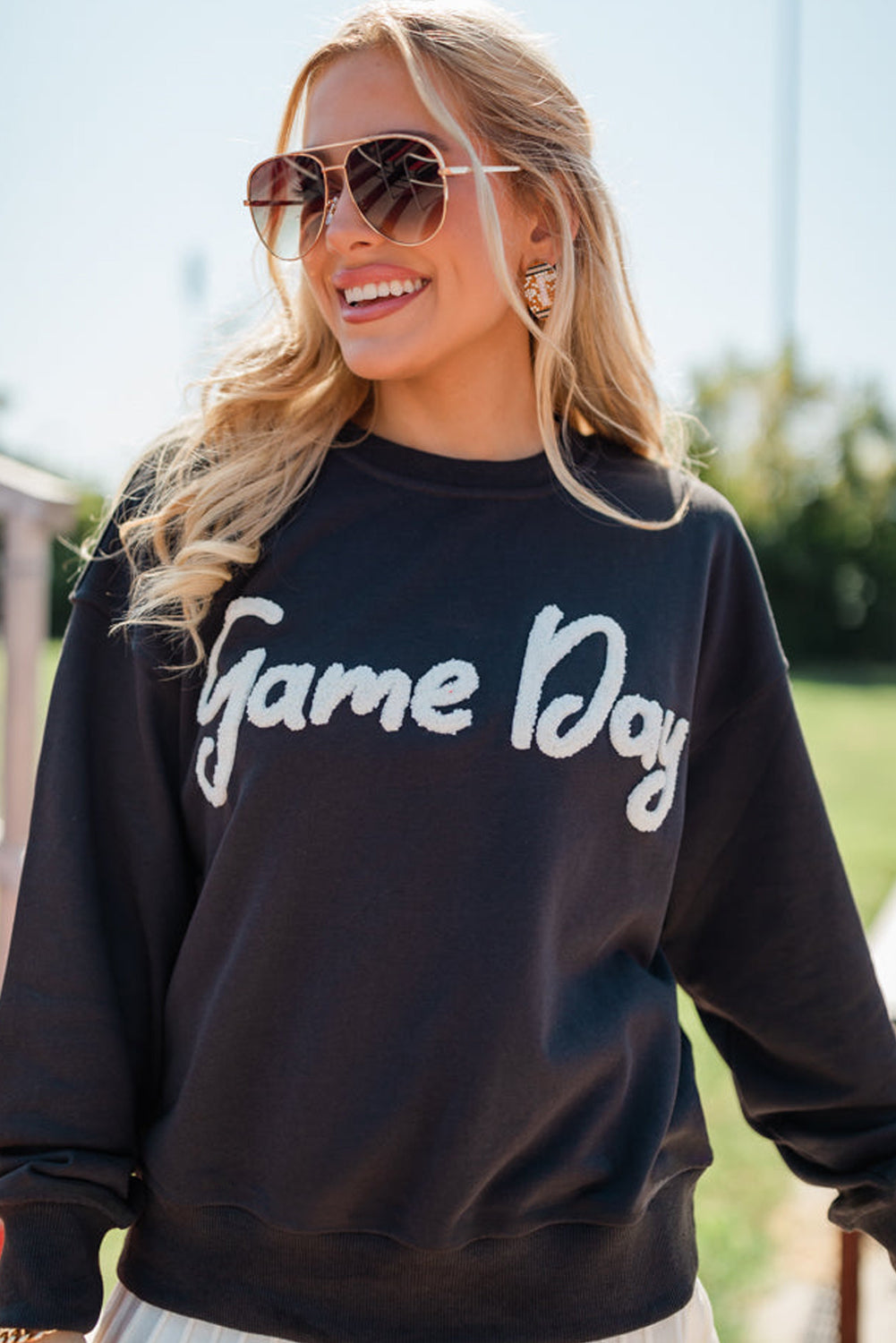 Black Chenille Game Day Graphic Drop Shoulder Sweatshirt - Velvet Stardust Co.