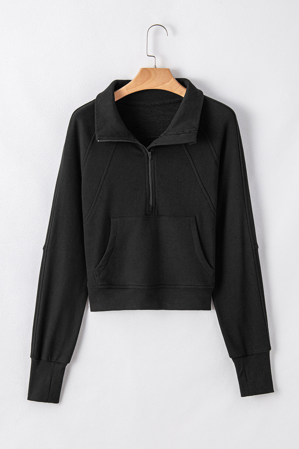 Black Fleece Lined Zip Up Stand Collar Thumbhole Sleeve Sweatshirt - Velvet Stardust Co.