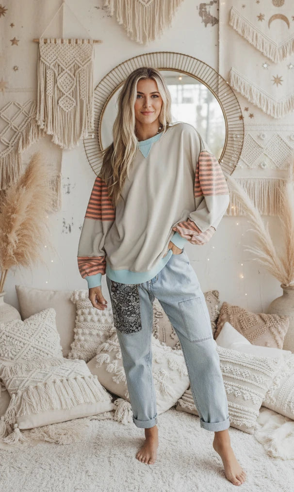 Striped Colorblock Patchwork Drop Shoulder Sweatshirt - Velvet Stardust Co.
