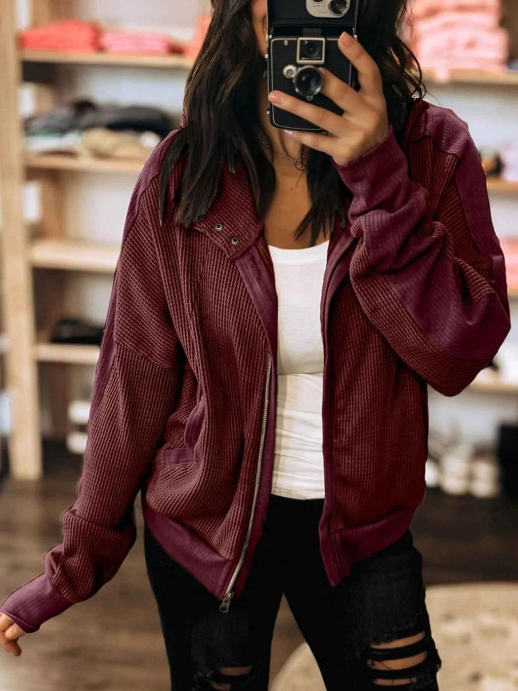 Waffle Zip Up Hooded Jacket with Pockets -Velvet Stardust Co. - Velvet Stardust Co.