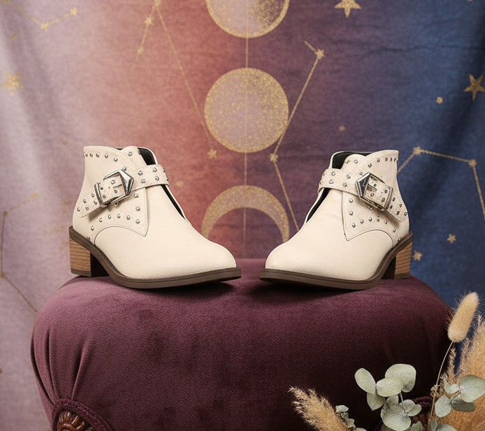 White Faux Leather Studded Pointed Toe Block Heel Ankle Boots - Velvet Stardust Co.
